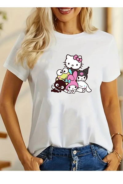 makiteks Tricou imprimat Hello Kitty pentru femei, unisex, supradimensionat, cu decolteu, cu imprimeu, alb, negru, gri