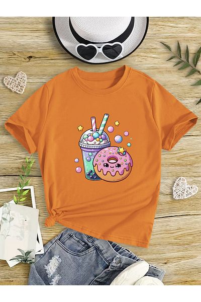 Let's Wear Детска тениска с поничка и млечен шейк, пенирана памучна тениска с кръгло деколте за деца
