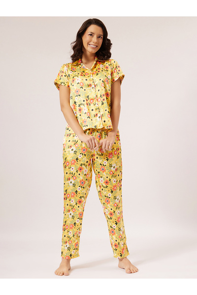 Dagi Green Floral Patterned Shirt Collar Satin Shorts Pajama Set