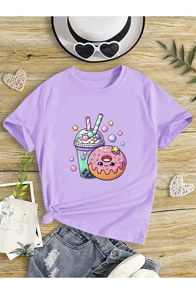 Let's Wear Детска тениска с поничка и млечен шейк, пенирана памучна тениска с кръгло деколте за деца