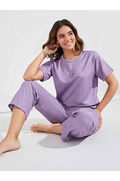 Take Two By Styli Embroidery Detail Textured T-Shirt & Pyjama Set