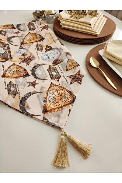 Runner Supla Home 1 قطعة كريم رمضان خاص بنمط الهلال والزيت (130×45) و6 قطع صحن بني (33×33)