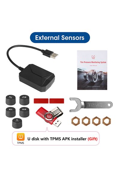 JMCQ نظام مراقبة ضغط الإطارات الخارجي TPMS USB 5 مستشعرات Android ونظام عرض إنذار ونظام استشعار داخلي