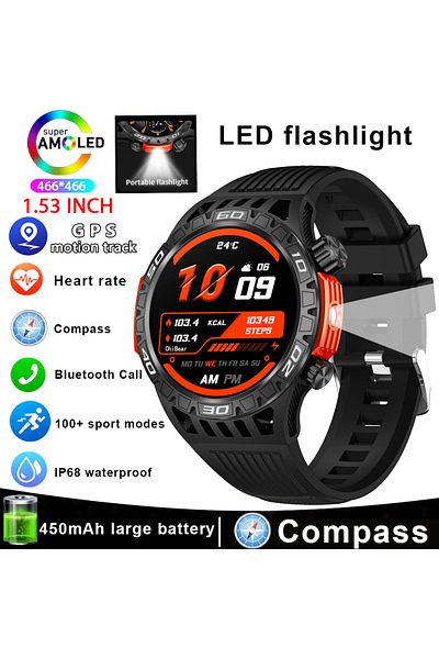 ChiBear black For Huawei New With LED Flashlight Smart Watch Men 360*360 HD Display 450 mAh Heart Rate Sport