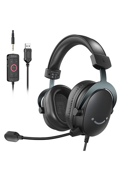 Choice سماعة رأس FIFINE سوداء، مقبس 3.5 ملم وسماعة رأس USB مع صوت محيطي 7.1/التحكم في مستوى الصوت/مفتاح كتم الصوت
