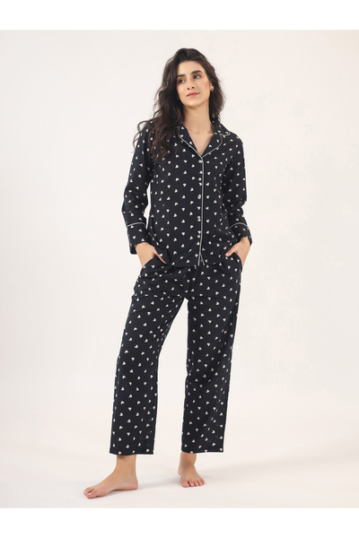 Sanskrutihomes By Styli Heart Print Piped Detail Shirt & Pyjama Set