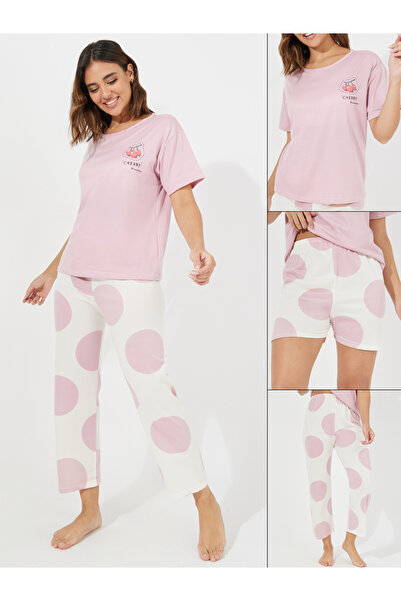 Take Two By Styli مجموعة من 3 قطع - تي شيرت بطبعة الكرز، شورت بولكا وبيجامة
