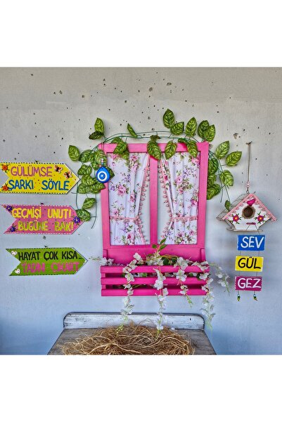 Home Pembe balkon duvar seti,ahşap pencere,oklar,kuş evi ve aksesuarlar