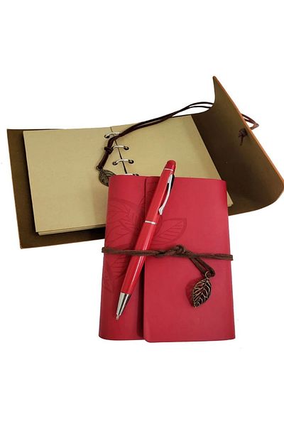 MirtaButik Red Leather Notebook and Metal Pen Set with Wooden Box