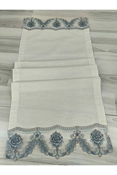 zümal tekstil tasarım Lace Linen Fabric Runner 40 cm X 120 cm (Blue)
