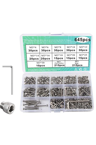 Choice 645 Pcs 364/645pcs M3 Hex Socket Head Cap Screws,304 Stainless Steel Hex Socket Head Cap Screws Bolt
