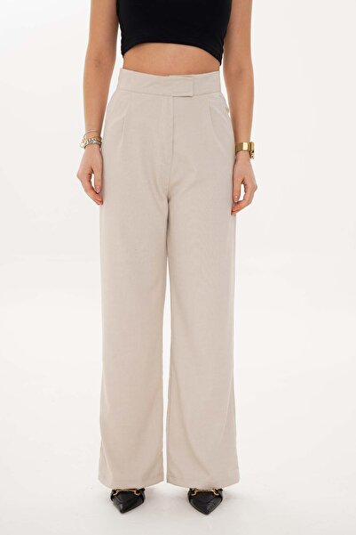 The Moda Pantaloni din material textil bej, cu închidere cu velcro, croială d...