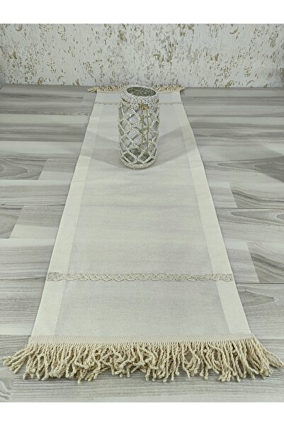 zümal tekstil tasarım Naturel Püsküllü  Keten Kumaş Runner  35 cm x110 cm (EKRU)