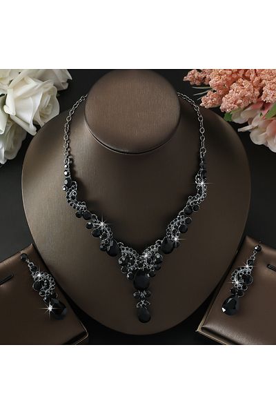 Choice 80802311-Black 3 Women's Trendy Droplet Earrings with Necklace Jewelry Set Wedding Banquet Party Hol