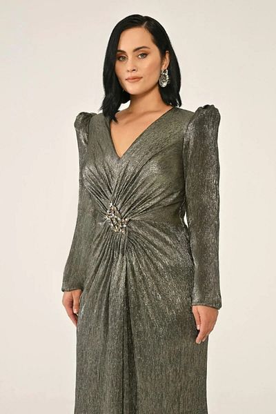 ALFABETA Women's Evening Dress V-Neck Drape Detail Shiny Chiffon Long Stylish Dress