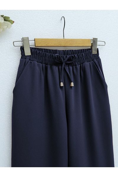 Modamorfo Double Pocket Elastic Waist Trousers with Lacing Detail - Navy