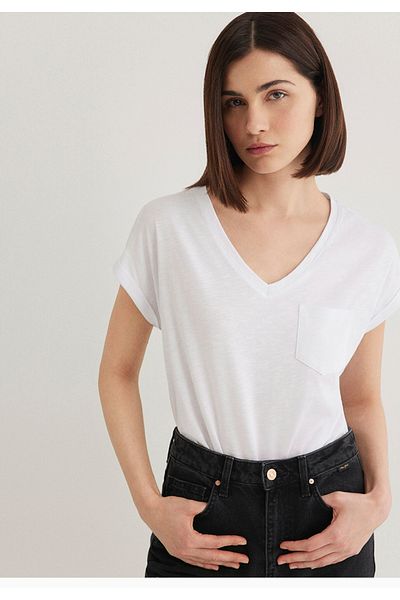 Mavi Tricou de damă cu decolteu în V, cu un singur buzunar