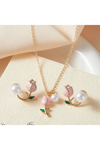 Choice Necklace Earrings Trendy Fashion Pink Tulip Necklace Earrings Women's Set Temperament Party Sweet Si