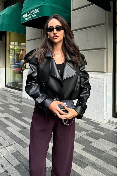 MEECY Übergroße schwarze Lederjacke