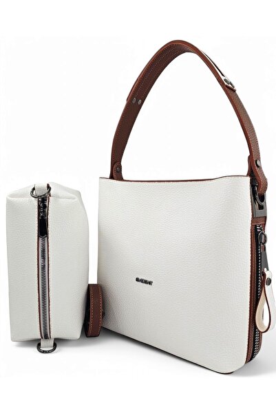 Evident حقيبة كتف نسائية بسحاب باللون الأبيض والأسمر مع تفاصيل الجرو