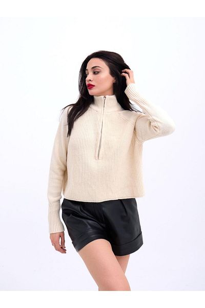 COTTONLAB 3309 Zippered Sweater-Cream