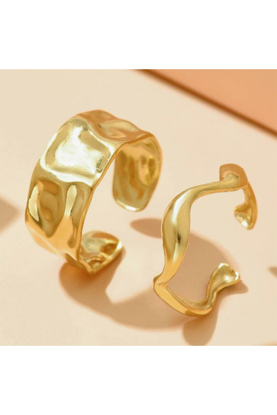 Choice AJZ50058G طقم خواتم مفتوحة غير منتظمة مكون من قطعتين للنساء، خاتم معدني بسيط باللون الذهبي والفضي الناعم