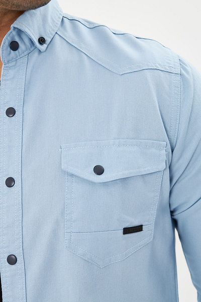 Oyga Ανδρικό Ice Blue Slim Fit Slim Fit Βαμβακερό τζιν πουκάμισο με διπλή τσέπη