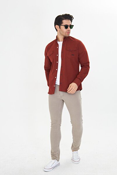 Oyga Men's Tile Slim Fit Slim Fit Double Pocket Cotton Denim Shirt