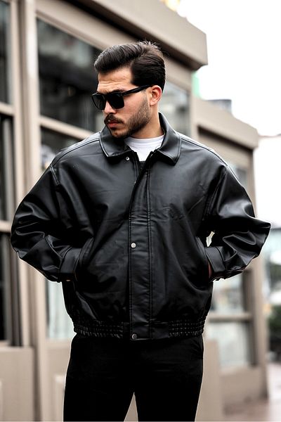 PRİFALDİ Ανδρικό μαύρο Oversize Vintage Δερμάτινο Μπουφάν