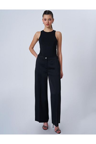 Kayra Shiny Button Detailed Satin Trousers Black