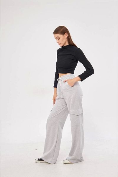 Vogueway Palazzo Cutout - Wide Leg Sweatpants Pantalon with Two Thread Cargo Pockets - Grey