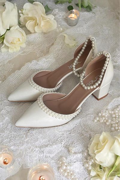 LİNEER Off White Pearl Embroidered 5 Cm Thick Heeled Comfortable Bridal Shoes