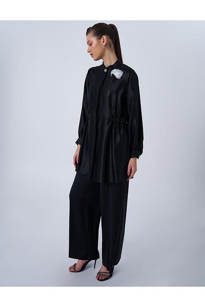 Kayra Satin Tunic with Black Brooch Detail