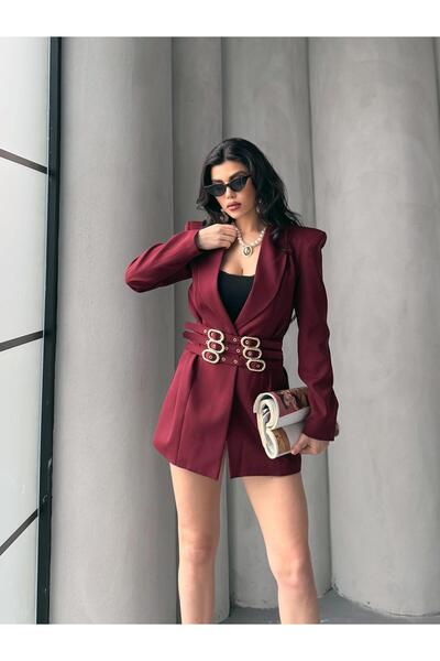 FERZOLAİO Burgundy Blazer Jacket with Belt Buckle