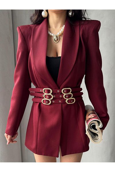 FERZOLAİO Burgundy Blazer Jacket with Belt Buckle