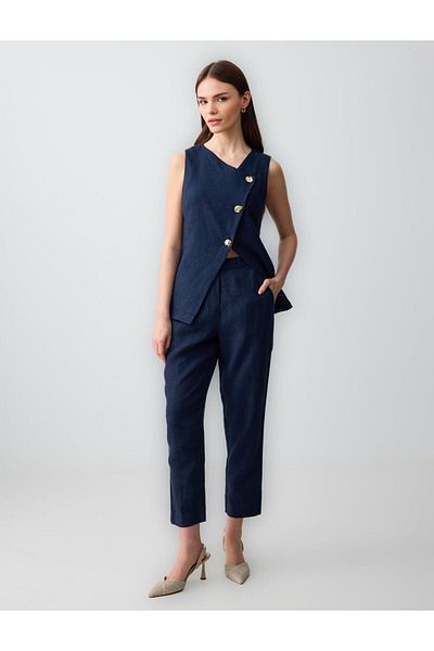 Jimmy Key Navy Blue Slim Fit Button Detailed Linen Woven Vest