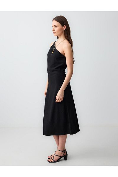 Jimmy Key Black Slim Fit Asymmetrical Linen Dress