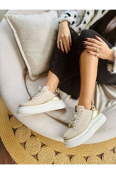 İnan Ayakkabı Women's Beige Color High Sole Vegan Leather Casual Sneakers & Sports Shoes (Sole 6 cm)