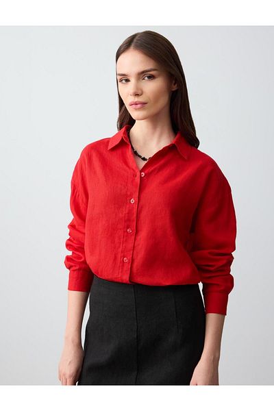 Jimmy Key Red Straight Cut Long Sleeve Woven Linen Shirt