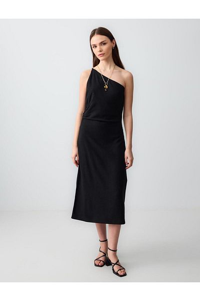 Jimmy Key Black Slim Fit Asymmetrical Linen Dress