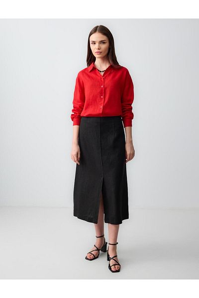 Jimmy Key Red Straight Cut Long Sleeve Woven Linen Shirt