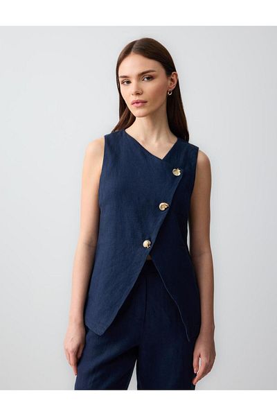 Jimmy Key Navy Blue Slim Fit Button Detailed Linen Woven Vest