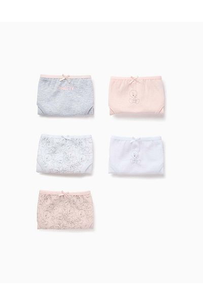 Ziddy Pack of 5 Briefs for Girls 'Tweety', White/Pink/Grey