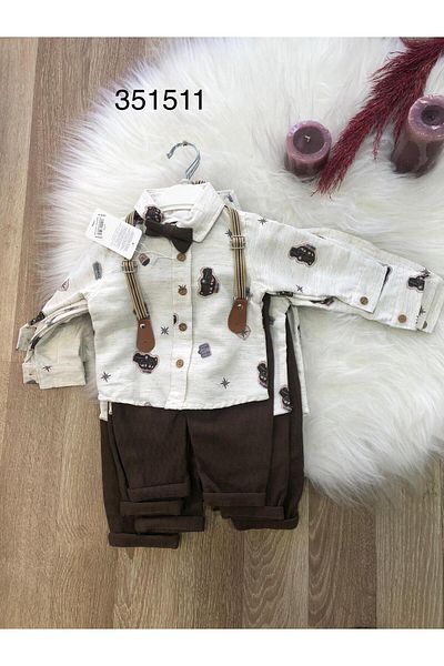 Retro Women Boys Linen Cotton Bow Tie Suspender Pattern Shirt Pants Stylish Suit