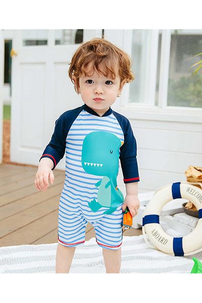 SAPS بدلة سباحة SAPS Dino Graphic & Striped سريعة الجفاف - أبيض/أزرق داكن