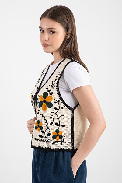 Hatun Atila Vestă de damă cu model de flori în relief acrilic cu apă în ton ecru