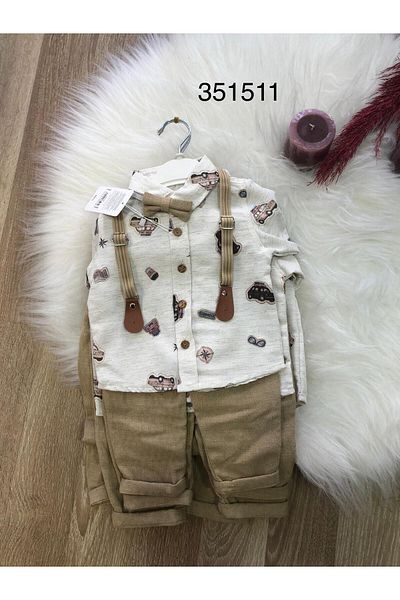 Retro Women Boys Linen Cotton Bow Tie Suspender Pattern Shirt Pants Stylish Suit