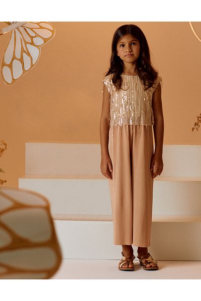 Ziddy Pleated Jumpsuit with Sequins for Girls, Beige/Gold