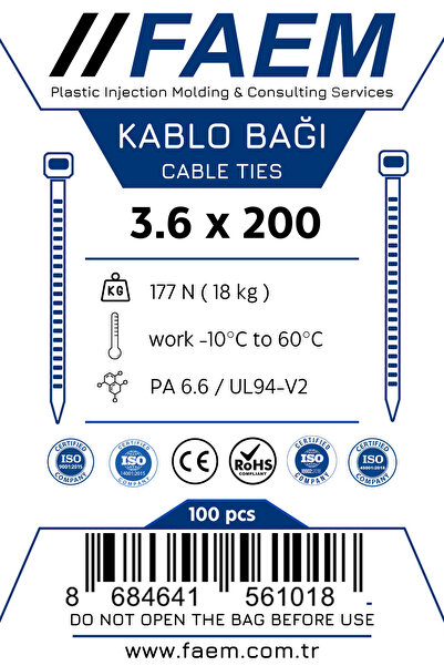 FAEM 3.6x200 mm Kablo Bağı - Plastik Kelepçe - Cırt Kelepçe ( BEYAZ ) ( 100 Adet )