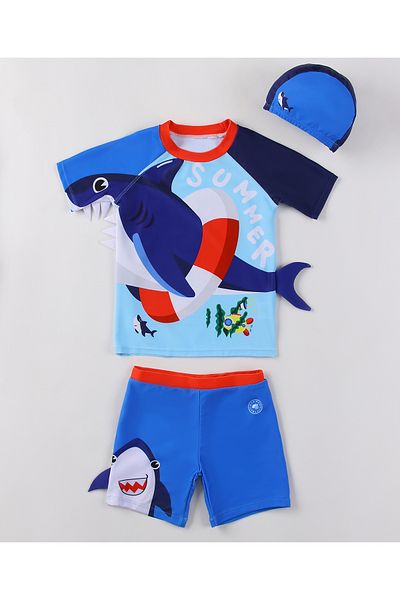 SAPS Shark Printed Short Sleeves Two Piece Swimsuit - Blue